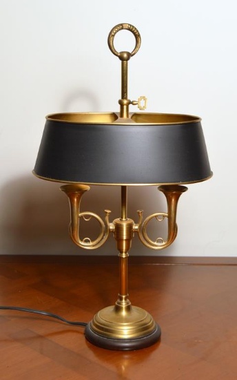 Small Horn Motif Brass Desk Lamp, Black and Gold Metal Shade