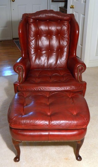 Classic (Hickory, NC) Genuine Top Grain Leather Wing Chair w/ Ottoman, Brass Nailhead Trim