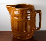 Antique Uhl Pottery Brown Barrel Pitcher 7.5” H