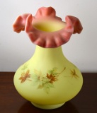 Fenton Burmese Art Glass Vase w/ Handpainted Autumn Leaves