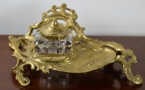 Vintage Virginia Metalcrafters Rococo Brass Inkstand w/ Single Brass-Lidded Glass inkwell