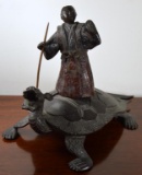 Chinese Bronze Wise Man Sculpture on Turtle Dragon Base, Left Hand of Man is Lost