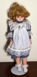 Vintage 24” Doll, Porcelain Head Marked “H.S. '93” On Back Of Neck, Porcelain Body, Clothes & Stand
