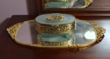 Matching Gilt Metal Trimmed Mirror Tray and Box