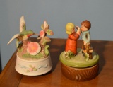 Lot of Two Ceramic Music Boxes: Hummingbird, Boy & Girl