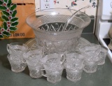 Vintage Oval & Diamonds Pressed Glass Punch Set: Bowl, Glass Ladle, Undertray, & 11 Cups