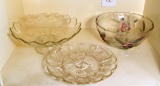 Lot of Three Vintage Glass Items: Egg Plate, Goofus Glass Bowl, Footed Compote