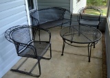 Set of 4 Vintage Salterini Iron Outdoor Patio Furniture: Settee, Two Club Chairs, Coffee Table
