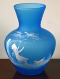 Vintage 1972 F. Otte Handpainted “Mary Gregory” Light Blue Glass Vase