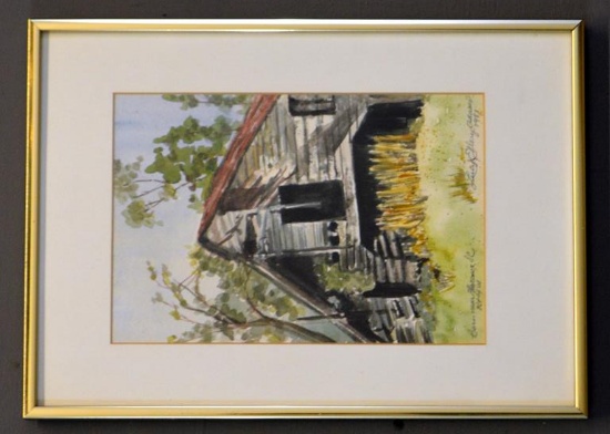 Framed Watercolor of Barn Near Florence, SC Rt. 401 by Lucy Ellery Adams (American), Dated 1981