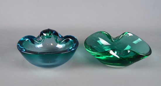 Lot of Two Modernist Blue and Green Art Glass Bowls / Ashtrays
