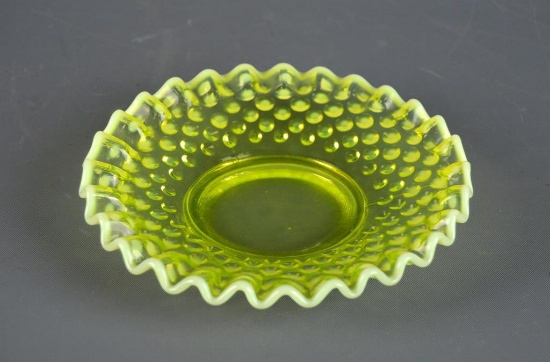 Vintage Fenton Crest Hobnail Vaseline Glass Dish