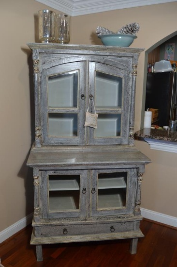Contemporary Wooden China / Curio Cabinet w/ Crackled Paint Finish, Light Blue / Grey