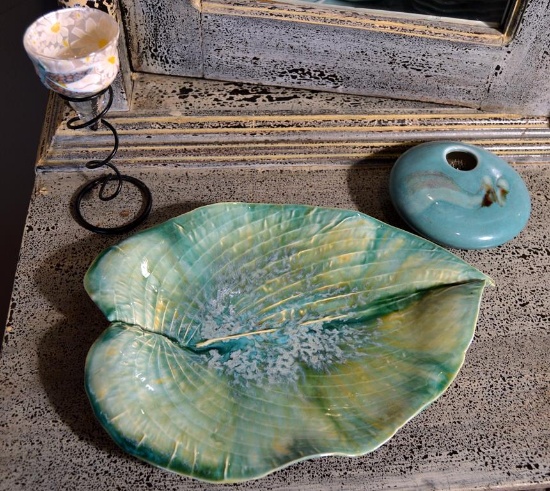 Lot of 3 Decorative Items: Leaf Tray, Small Planter w/ Frog, Vase In Frame