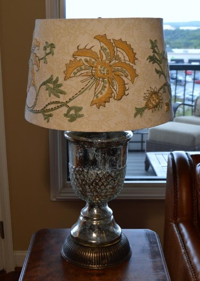 Contemporary “Mercury Glass” Table Lamp, Embroidered Shade