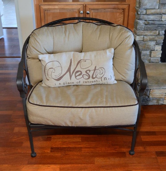 Contemporary Iron Frame Chair w/ Neutral Upholstered Cushions & “Nest” Accent Pillow