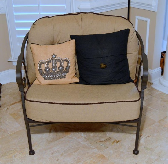 Contemporary Iron Frame Chair w/ Neutral Upholstered Cushions & Two Accent Pillows