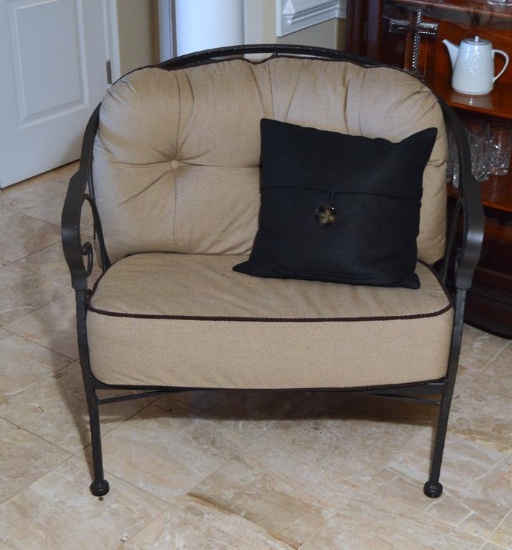 Contemporary Iron Frame Chair w/ Neutral Upholstered Cushions & One Accent Pillow