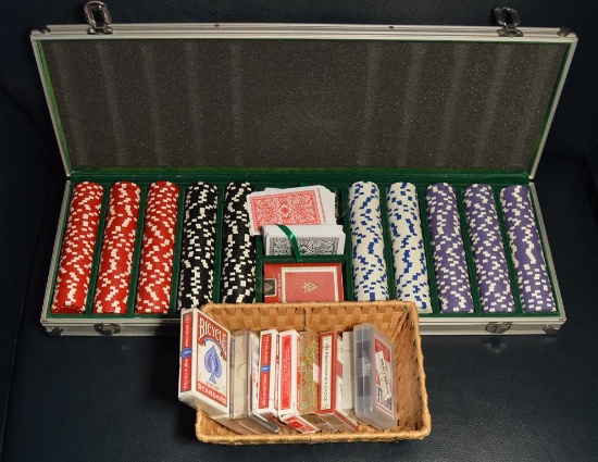 Lot of Playing Cards (Most Unopened) and Poker Chip Set In Case