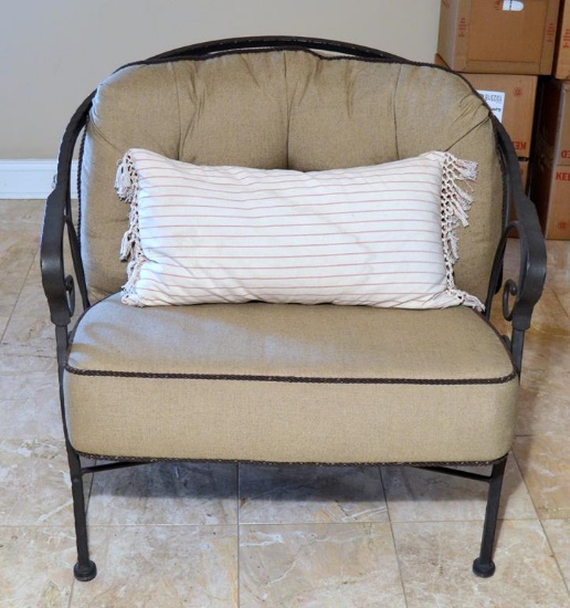 Contemporary Iron Frame Chair w/ Neutral Upholstered Cushions & One Accent Pillow