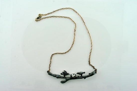 16” Sterling Silver Chain Necklace w/ Pewter Birds At Nest With Pearl Eggs Pendant