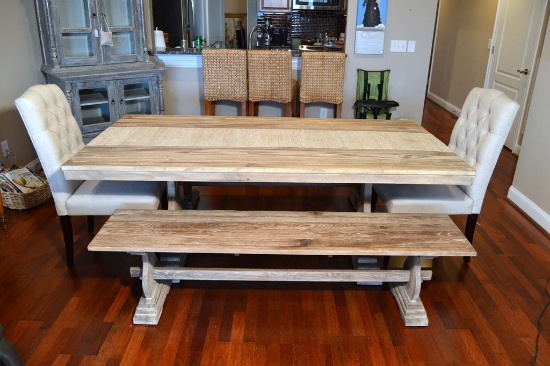 Contemporary World Market Provence Pine Trestle Dining Table with 2 Trestle Benches and Fiber Runner