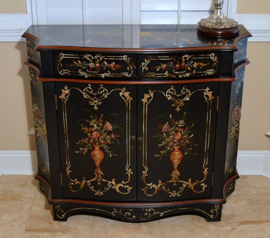 Contemporary Handpainted Black Lacquer Console Cabinet