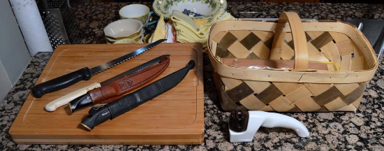 Seville Classics Wooden Cutting Board With Inserts; Basket With Knifes & CUTCO Sharpener