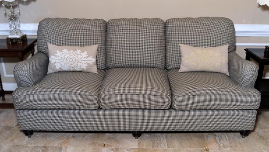 Contemporary Black White Checked Sofa by Bassett Furniture, 2 Accent Pillows