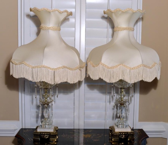 Pair of Fancy Table Lamps w/ Crystal Prisms, Clean Tufted Shades