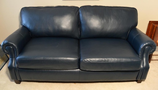 Contemporary Jeff Lynch Blue Leather Sofa Couch With Hide-A-Bed