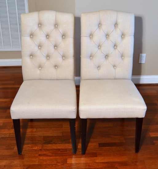 Pair of World Market Upholstered Tufted Back Dining Chairs, Neutral Color