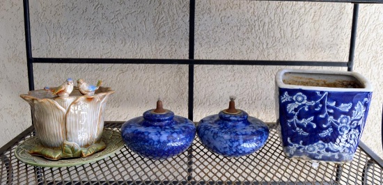 Lot of Ceramic Planters & Two Ceramic Oil Lamps