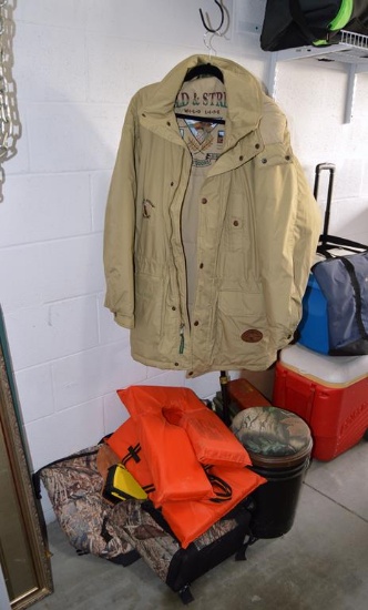 Outdoorsman Lot: Field & Stream Jacket, Life Vests, Totes, Some Ammo, Etc LOCAL PICKUP ONLY