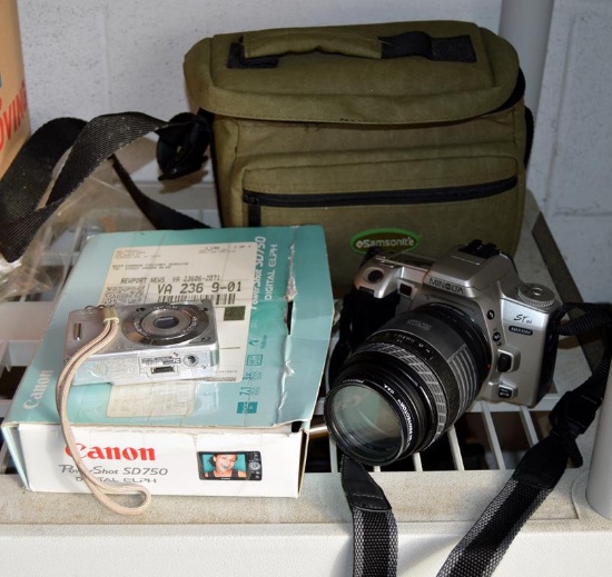 Camera Lot: Small Sony Digital Point & Shoot, Minolta 35mm Film Camera w Sigma Auto Focus Lens