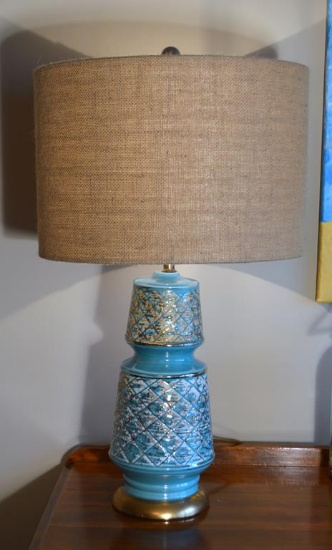Turquoise and Gold Ceramic Table Lamp w/ Neutral Shade