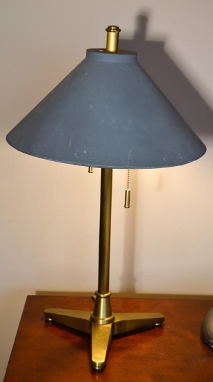 Heavy Brass & Iron Table Lamp, Black Metal Shade, Reflective On Inside