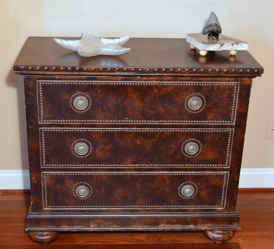 Burled Finish 3 Drawer Chest, Nailhead Trim, Bun Feet