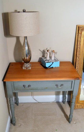 Blue/Grey Chalk Painted Table, Natural Wood Top, One Drawer