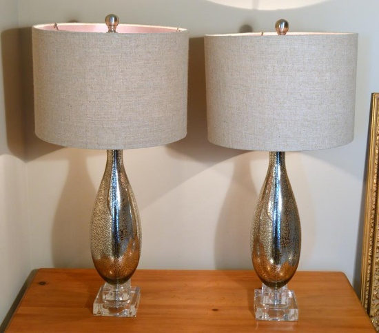 Pair of Contemporary Mercury Glass Table Lamps, Neutral Shades