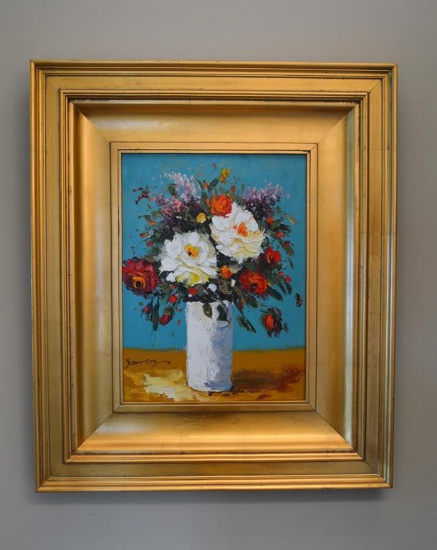 J..?, Flowers In White Vase, Oil On Canvas, Framed