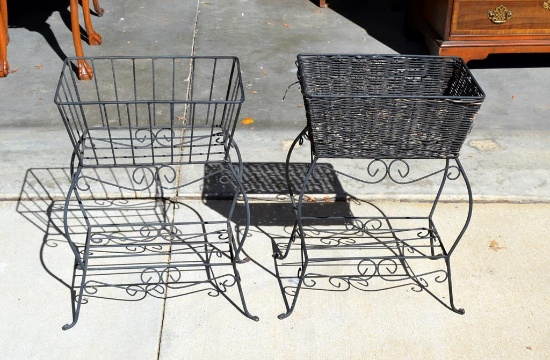 Pair of Wrought Iron Planters, One With Wicker Trim