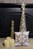 Lot of Contemporary Christmas Decor: Pillow, Two Trees, Three Candles