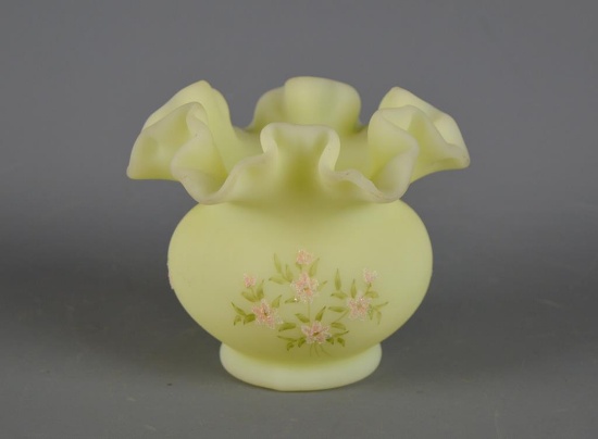 Vintage Fenton Handpainted (N. Cooper) Custard Glass Rose Bowl Vase