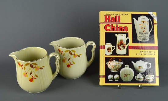 Hall's China “Autumn Leaf” Two Milk / Juice Pitchers and Collector's Book