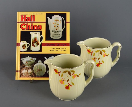 Hall's China “Autumn Leaf” Two Milk / Juice Pitchers and Collector's Book