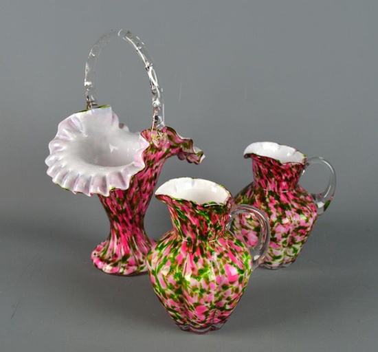 Lot of 3 Vintage Fenton “Vasa Murrhina” Rose & Green Aventurine Items: Basket Vase & Two Pitchers