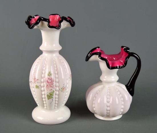 Two Fenton Black Rose Crest Beaded Melon Items: 8.5” Vase Signed By Fenton Family, 6.5” Pitcher