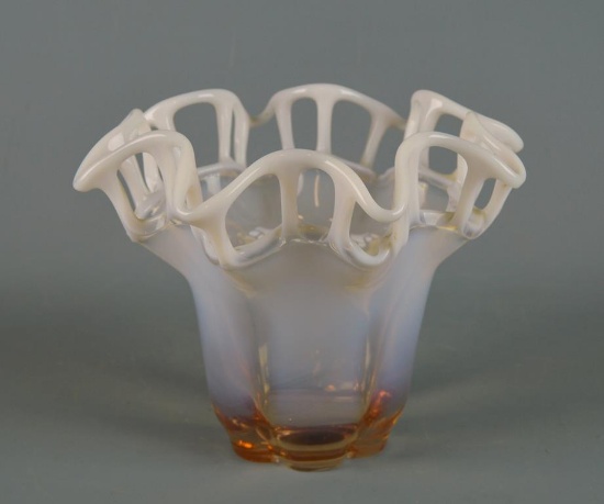 Duncan Miller Peach Opalescent Flared Murano Lace Rim Vase
