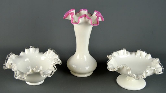 Lot of 3 Vtg Fenton Art Glass Items: Two Silver Crest Compotes, One Apple Blossom Crest Vase